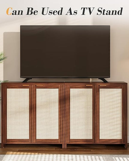 YOUDENOVA 62.3" Sideboard Buffet Cabinet, Rattan Storage Sideboard Cabinet with 4-Door and Adjustable Shelves, Farmhouse Console Table for Dining Room, Entryway, Living Room, Rustic Brown