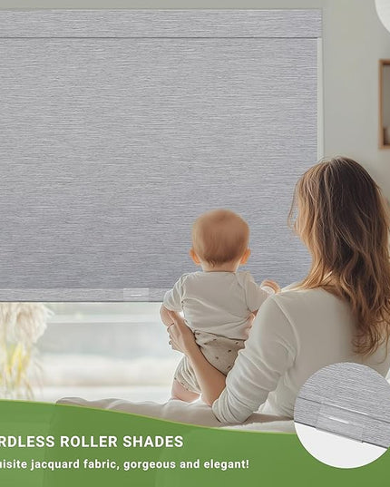 Blackout Roller Shades for Indoor Windows, Cordless Jacquard Fabric-Matched Roller Blinds, Easy to Install Privacy UV Protection Roll Up Blinds for Home Office, Grey, 27" W x 72" H