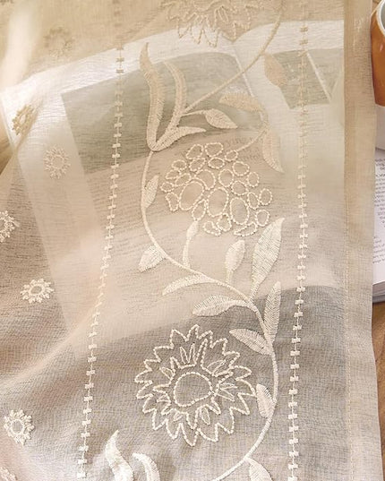 jinchan Winslow Beige Sheer Curtains 84 Inch for Bedroom Living Room Embroidered Bordered Floral Nursery Curtains for Playroom Dorm Light Filtering, Ivory on Beige, 2 Panels, 50W x 84L