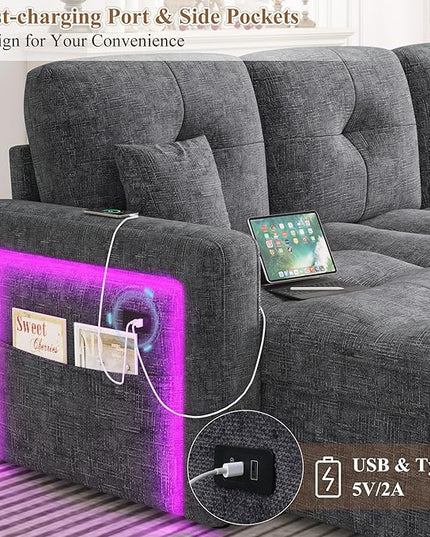 HIFIT LED Sectional Sleeper Sofa with Pull Out Couch Bed, Convertible L Shaped Sofa w/Storage Chaise, Adjustable Backrest & USB, 80'' Comfy Chenille Sectional Couch for Living Room Apartment, Grey