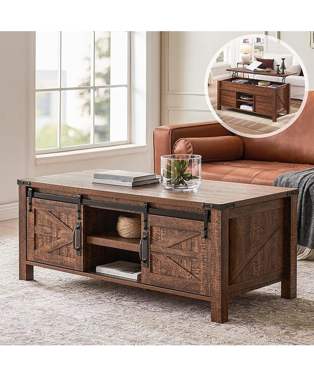 OKD 48" Farmhouse Lift Top Coffee Table with Sliding Barn Door,Rustic Center Table with Hidden Storage Compartment,Lifting Tabletop and Adjustable Shelf for Living Room,Office,Reclaimed Barnwood
