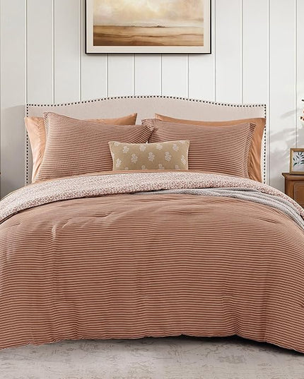 Queen Comforter Set - 7 Pieces Autumn Leaf Gauze Muslin Bedding Sets for All Seasons, Lightweight Breathable Bed in a Bag Queen with Revesible Farmhouse Comforter, Sheets, Pillowcases & Shams