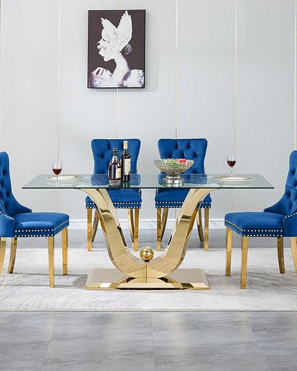 5-Piece Glass Dining Table Set w/4 Blue Upholstered Dining Chairs, 70in Rectangular Large Kitchen Table Set for 4, Glass and Gold Dining Table and Chair Set for 4