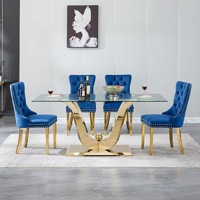 5-Piece Glass Dining Table Set w/4 Blue Upholstered Dining Chairs, 70in Rectangular Large Kitchen Table Set for 4, Glass and Gold Dining Table and Chair Set for 4