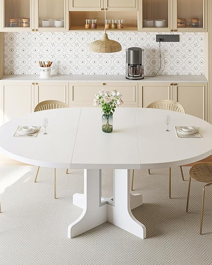 iPormis 59" Round Extendable Dining Table for 4-6, Modern Kitchen Table with Heavy Duty Pedestal Base & Wooden Top, Oval Dining Room Table for Dining Living Room, Easy Assembly, White