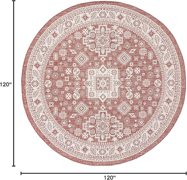 Rugs.com Outdoor Aztec Collection Rug – 10 Ft Round Rust Red Flatweave Rug Perfect for Kitchens, Dining Rooms