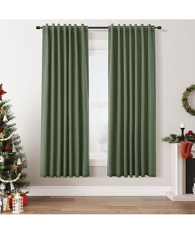 Guken Olive Green Blackout Curtains 72 Inch Length 2 Panels Set for Living Room Bedroom Back Tab Thermal Insulated 100% Black Out Linen Drapes Room Darkening Window Curtains 72 Inches Long