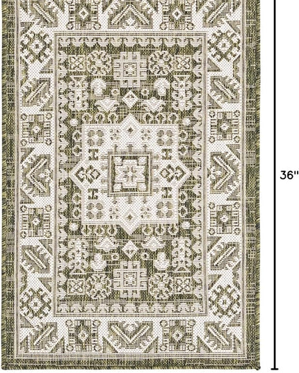 Rugs.com Outdoor Aztec Collection Rug – 2' x 3' Green Flatweave Rug Perfect for Living Rooms, Large Dining Rooms, Open Floorplans