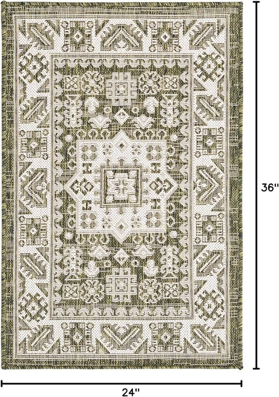 Rugs.com Outdoor Aztec Collection Rug – 2' x 3' Green Flatweave Rug Perfect for Living Rooms, Large Dining Rooms, Open Floorplans