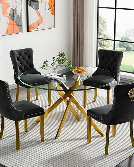 HomVent 5 Piece Round Glass Dining Table Set, Tempered Glass Dinner Table Set for 4 Kitchen Table Set with 4 Velvet Upholstered Chairs for Kitchen Dining Room