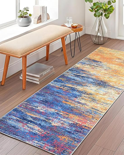 Washable Runner Rug 2x6 Modern Abstract Kitchen Rugs, Non Slip Bathroom Rug, Low Pile Laundry Room Soft Long Carpet for Hallway Bedroom Entryway, Blue/Orange