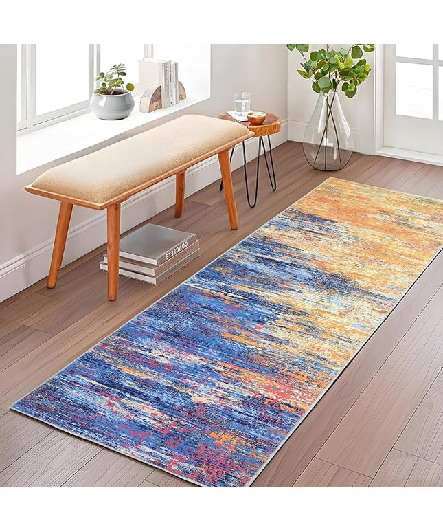 Washable Runner Rug 2x6 Modern Abstract Kitchen Rugs, Non Slip Bathroom Rug, Low Pile Laundry Room Soft Long Carpet for Hallway Bedroom Entryway, Blue/Orange