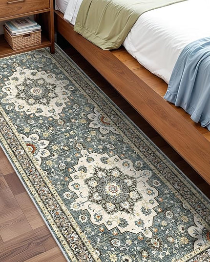 Washable Oriental Hallway Runner Rug - 3x8 Rugs for Living Room Soft Carpet for Bedroom Kitchen Waterproof Floral Distressed Indoor Stain Resistant Non-Shedding Floor Carpets (Blue, 3X8)