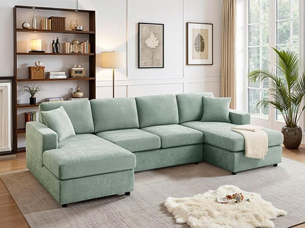 VANOMi 118'' U Shaped Sectional Sofa, 4 Seat Modern Sectional Couch, Double Chaise Longue, Cozy Chenille Sofa Couches for Living Room Apartment, Mint