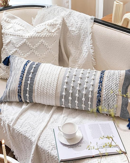 BlissBlush Navy Dark Blue Boho Decorative Lumbar Pillow Cover 14x36, Long Body Pillow for Bed, Accent Lumbar Throw Pillow for Couch, Modern Farmhouse Textured Pillowcase