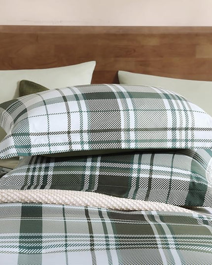 MaiRêve Plaid Queen Comforter Sets Olive Green, Classic Farmhouse Bedding Set Bed in a Bag 7 Pieces, Lightweight All Season Comforter Set with Fitted & Flat Sheet, Pillowcases & Shams