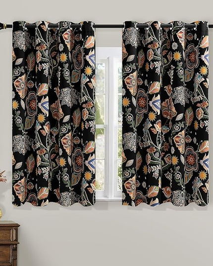 XiDi Black Dark Floral Curtains 63 Inches Long 2 Panels 100% Blackout Patterned Curtains Decorative Thermal Insulated Luxury Vintage Flower Botanical Printed Drapes Grommet for Living Room Bedroom