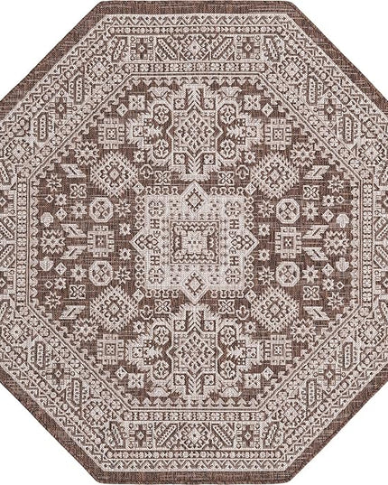 Rugs.com Outdoor Aztec Collection Rug – 5 Ft Octagon Brown Flatweave Rug Perfect for Living Rooms, Kitchens, Entryways