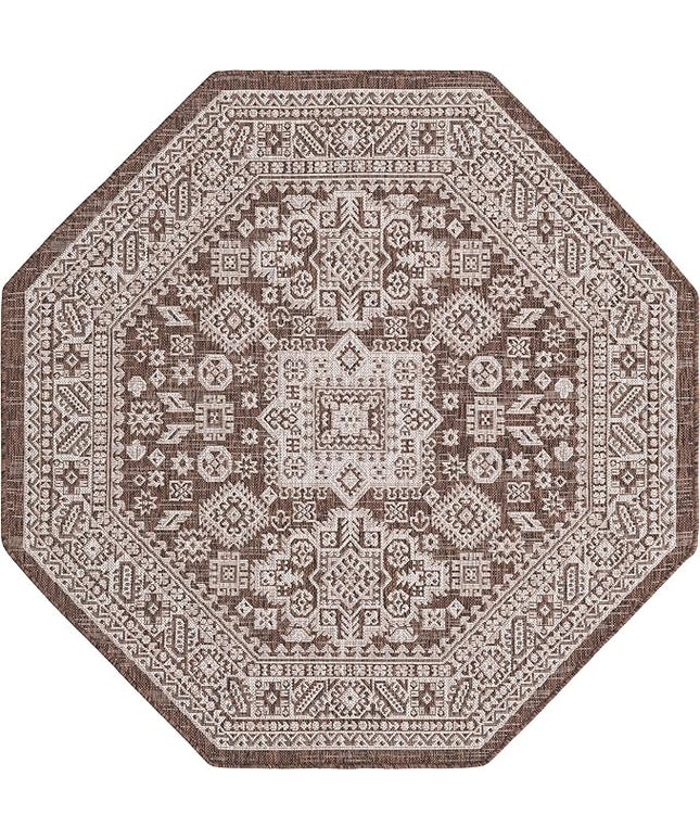 Rugs.com Outdoor Aztec Collection Rug – 5 Ft Octagon Brown Flatweave Rug Perfect for Living Rooms, Kitchens, Entryways