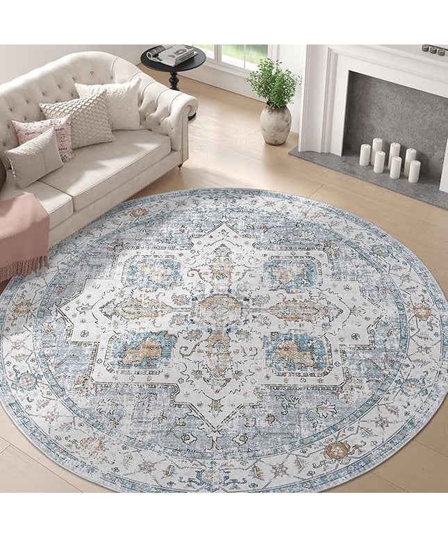 jinchan Round Rug 7ft Area Rug - Machine Washable 7'Circle Vintage Floral Non-Slip with Rubber Backing Ultra-Thin Low-Pile Carpet for Bedroom Living Room Dining Room Entryway (7'Round, Grey/Blue)