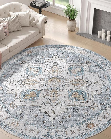 jinchan Round Rug 8ft Area Rug - Machine Washable 8'Circle Vintage Floral Non-Slip with Rubber Backing Ultra-Thin Low-Pile Carpet for Bedroom Living Room Dining Room Entryway (8'Round, Grey/Blue)