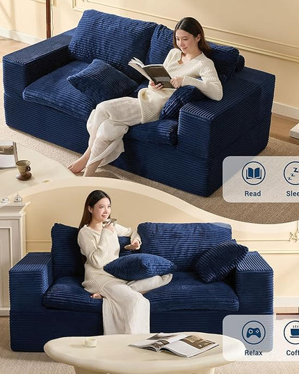 74.8” Cloud Couch, Modular Loveseat Sofa, Convertible Sofas Bed, Deep Seat Sofa, Cozy Sofa for Living Room, Office and Bedroom, Corduroy, Blue