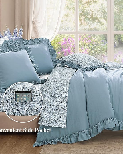 Queen Comforter Set - 7 Pieces Ruffle Blue Bedding Sets, Shabby Chic Farmhouse Bed in a Bag Queen with Ruffle Comforter, Floral Sheets, Pillowcases & Shams