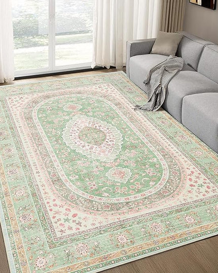 5x7 Area Rugs Washable,Green Rug for Living Room Bedroom Kitchen,Large Boho Vintage Bohemian Distressed Oriental Carpet Non Slip,Sage Blush Floral