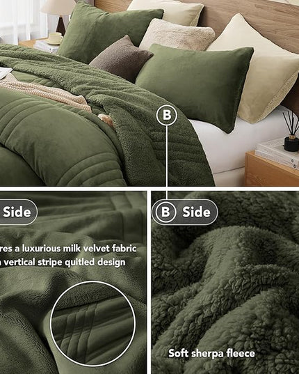 Monbix Fluffy Queen Comforter Set Olive Green, Sherpa Plush Fuzzy Comforter 3 Piece for Queen Size Bed, Luxury Soft Winter Warm Bedding Set