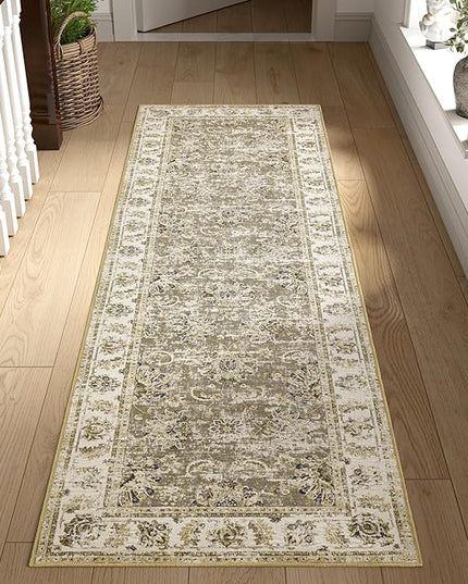 jinchan Fiora Runner Rug 2x5 Washable Hallway Runner- Vintage Floral Non Slip Low-Pile Soft Thin Kitchen Rug Distressed Carpet for Farmhouse Bedroom Entryway Laundry Room(2x5ft, Taupe)