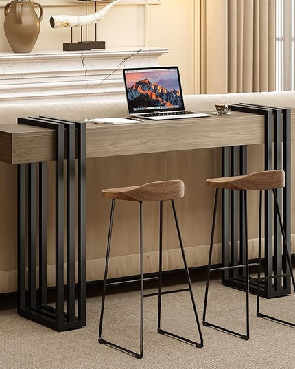 63" Long Console Table for Entryway - Behind Couch Table for Living Room, Wood Sofa Tables with Black Parallel Metal Frame & Power Outlet for Hallway, Entrance, Narrow Foyer, Light Walnut