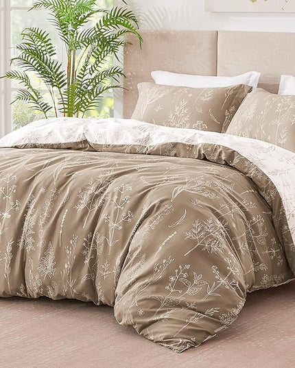 Love's cabin Light Taupe Comforter Set Queen - Queen Size Comforter Set, 3 Pieces Cute Floral Bedding Sets for All Seasons,1 Soft Reversible Botanical Flowers Comforter and 2 Pillow Shams