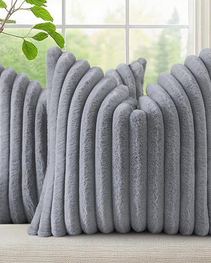 decorUhome Faux Fur Spring Throw Pillow Covers 16x16 Set of 2, Decorative Soft Plush Striped Neutral Couch Euro Pillow Covers with Velvet Back for Sofa, Bed, Living Room Home Decor, Grey