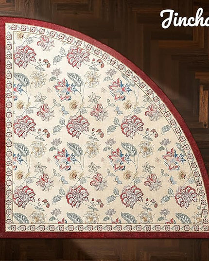 jinchan Elora Floral Corner Rug for Entryway Washable Rug Vintage Romance Christmas Design Non Slip Quarter Circle Lightweight Low-Pile Throw Carpet for Playroom Nook Nursery, 4ft Radius, Red/Beige