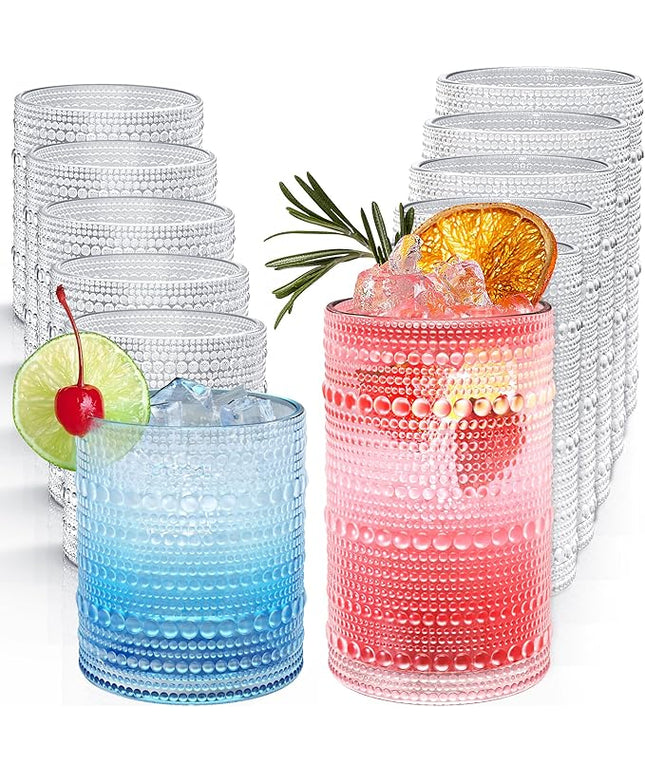 Vintage Hobnail Drinking Glasses Set of 12, 12 oz Highball Glasses & 10 oz Cocktail Glasses, Embossed Glass Cups, Clear Water Glasses Kitchen Bar Glassware Set for Beer, Juice, Cocktail, Whiskey