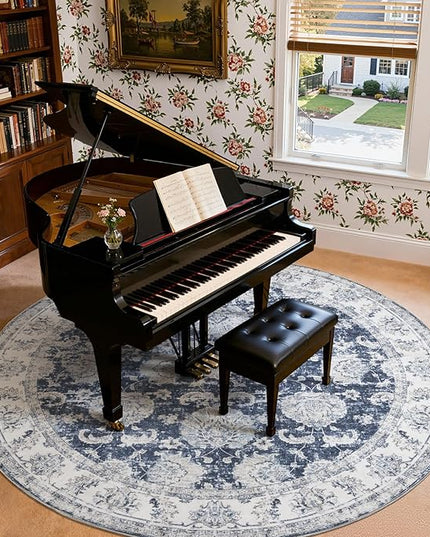 jinchan Fiora Round Rug 8ft Area Rugs Vintage Floral Distressed Design Machine Washable Non-Slip Low-Pile Ultra-Thin Circle Rug for Living Room Dining Room Bedroom Farmhouse (8' Round, Dark Blue)