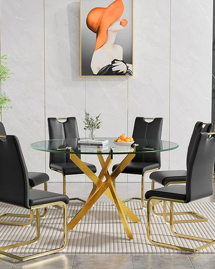 HomVent 7 Piece Round Glass Dining Table Set, Round Glass Kitchen Table Set for 6 with 6 PU Upholstered Dining Chairs for Kitchen Dining Room