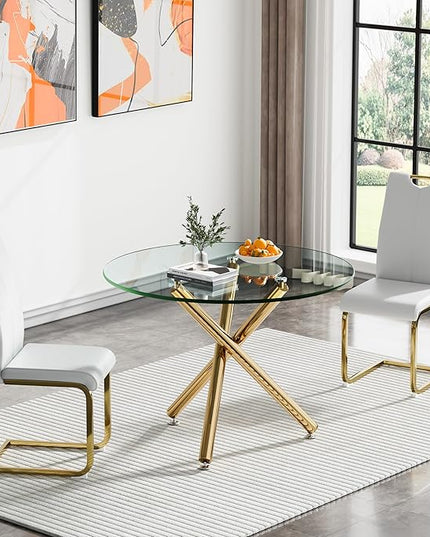 HomVent Round Glass Dining Table Set for 2, 3-Piece Modern Kitchen Table Set with 2 PU Upholstered Chair for Kitchen Dining Room, Glass Dining Room Table Set