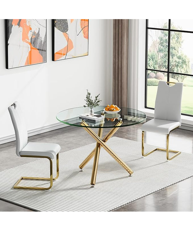 HomVent Round Glass Dining Table Set for 2, 3-Piece Modern Kitchen Table Set with 2 PU Upholstered Chair for Kitchen Dining Room, Glass Dining Room Table Set