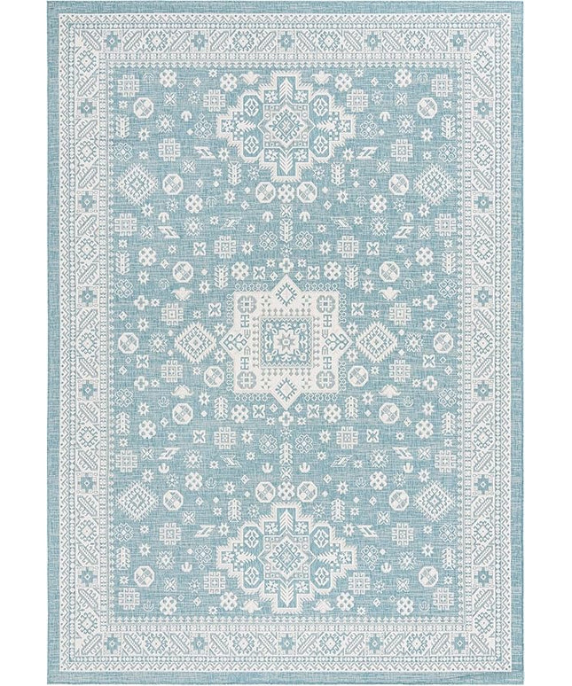 Rugs.com Outdoor Aztec Collection Rug – 10' x 14' Aqua Flatweave Rug Perfect for Living Rooms, Large Dining Rooms, Open Floorplans