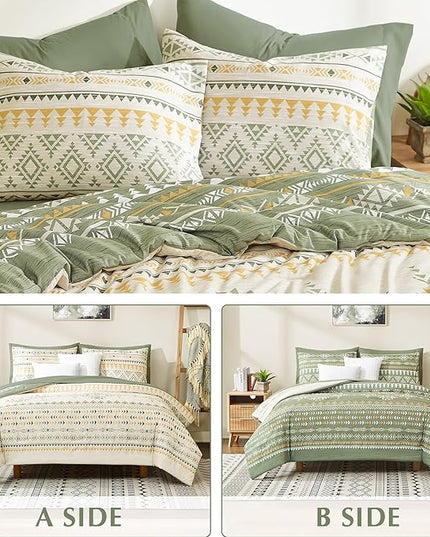 Geniospin Queen Comforter Set - 7 Pieces Reversible Bedding Set, Boho Bed in A Bag, Lightweight Soft Aztec Bedding, All Season Bed Comforter Set with Sheets, Pillowcases & Shams