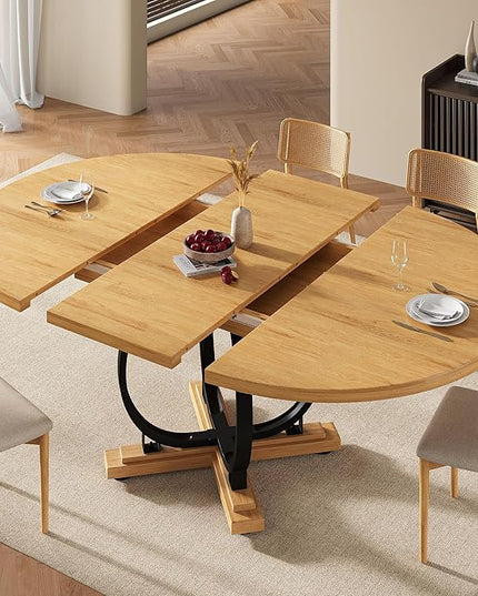 59" Round Extendable Dining Table for 4-6, Modern Oval Kitchen Table with Heavy Duty Curved Legs & Wood X-Based, MDF Board with Spring Buckle, Space Saving, Dining Kitchen Living Room, Oak