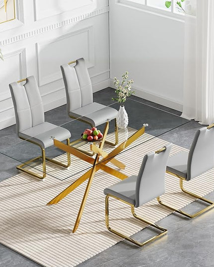 HomVent 5 Piece Rectangular Glass Dining Table Set, Rectangular Glass Kitchen Table Set for 4 with 4 PU Upholstered Dining Chairs for Kitchen Dining Room