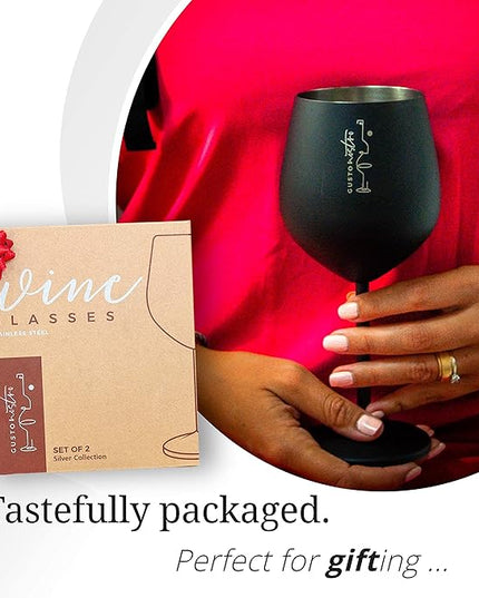 Gusto Nostro Stainless Steel Wine Glass - 18 oz - Unbreakable Black Wine Glasses for Travel, Camping and Pool - Fancy, Unique and Cool Portable Metal Wine Glass for Outdoor Events, Picnics (Set of 2)
