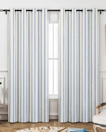 DriftAway Farmhouse Linen Blend Blackout Curtains 84 Inches Long for Bedroom Vertical Striped Printed Linen Curtains Thermal Insulated Lined Treatments for Living Room 2 Panels W52 x L84 Navy
