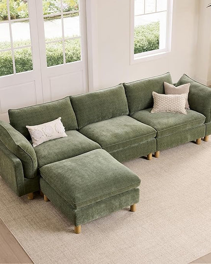 CHITA 127" Super Large Sectional Couches for Living Room, Modular Cloud Couch Sectional Sofa, Premium Fabric Couches, Down Filled, High Density Foam, Chenille in Green, 4 Seat L Shaped