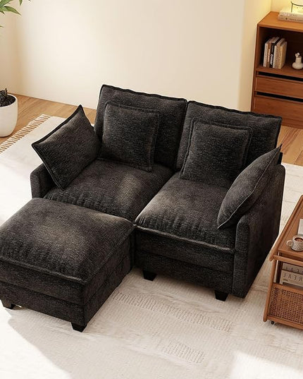 Ihanherry 57" L Shaped Modular Sectional Cloud Sofa, Modern 3 Seat Chenille Couch with Ottoman for Living Room, Bedroom and Apartment, Black