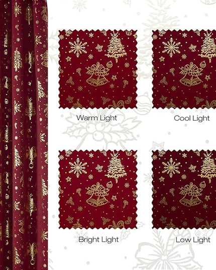 NICETOWN 2 Christmas Red Curtains 52 x 90 Inch, Gold Stamping Grommet Drapes, Holiday Style Window Treatment Panels for Living Room Bedroom Decoration, Festive Christmas Decor