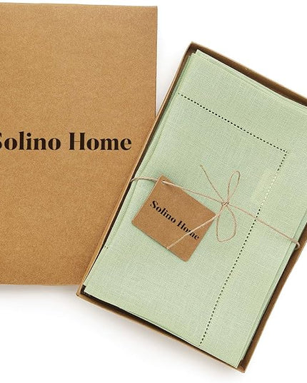Solino Home Linen Napkins Set of 4 - Classic Hemstitch 100% Pure Linen Sage Green Dinner Napkins Cloth 20 x 20 Inch for Christmas, Winter, New Year - Handcrafted and Machine Washable