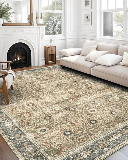 ReaLife Rugs Machine Washable Area Rug Runner - Living Room Bedroom Bathroom Kitchen Entryway Office - Padded Low Pile Stain Resistant Premium - Boho Farmhouse Vintage - Dua - Brown Gray Beige 3'x5'